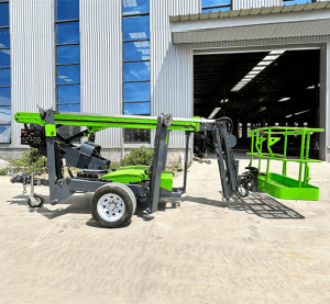 How can logistics warehouses use electric articulated boom lifts to optimize storage and picking? 2 A Jovoolift brand aerial work platform is currently parked at the factory gate.